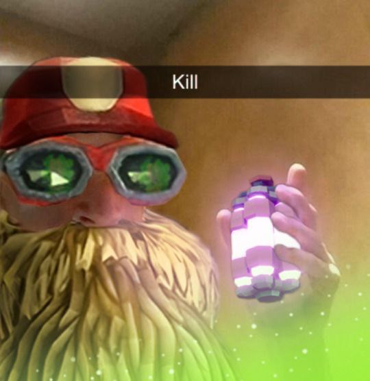 Гном с надписью Kill Персонаж из Deep Rock Galactic со зловещим взглядом в очках и светящимся предметом, говорящий «Kill».