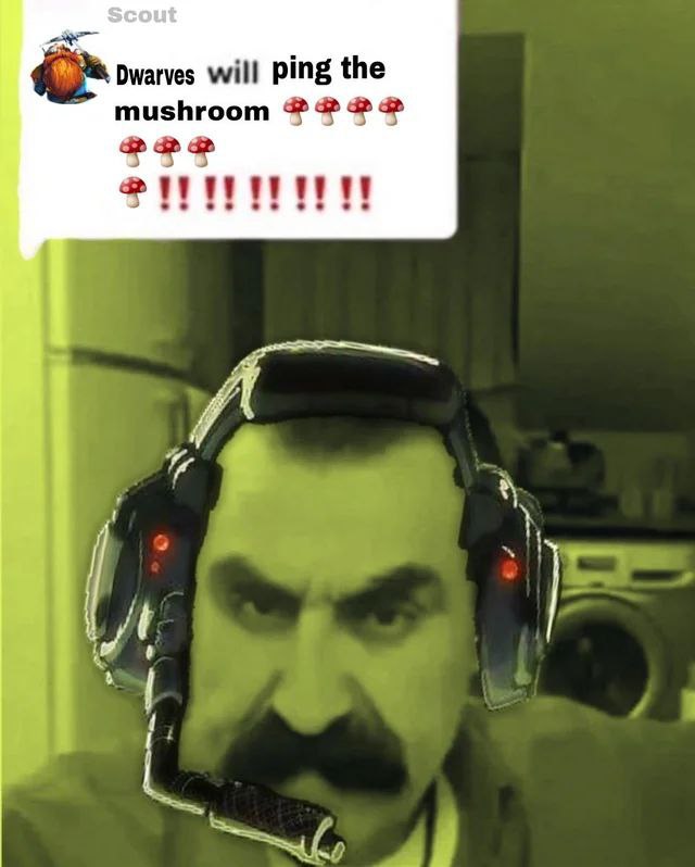 Dwarves will ping the mushroom Мужчина в наушниках на фоне зеленого цвета, а сверху комментарий: «Dwarves will ping the mushroom»