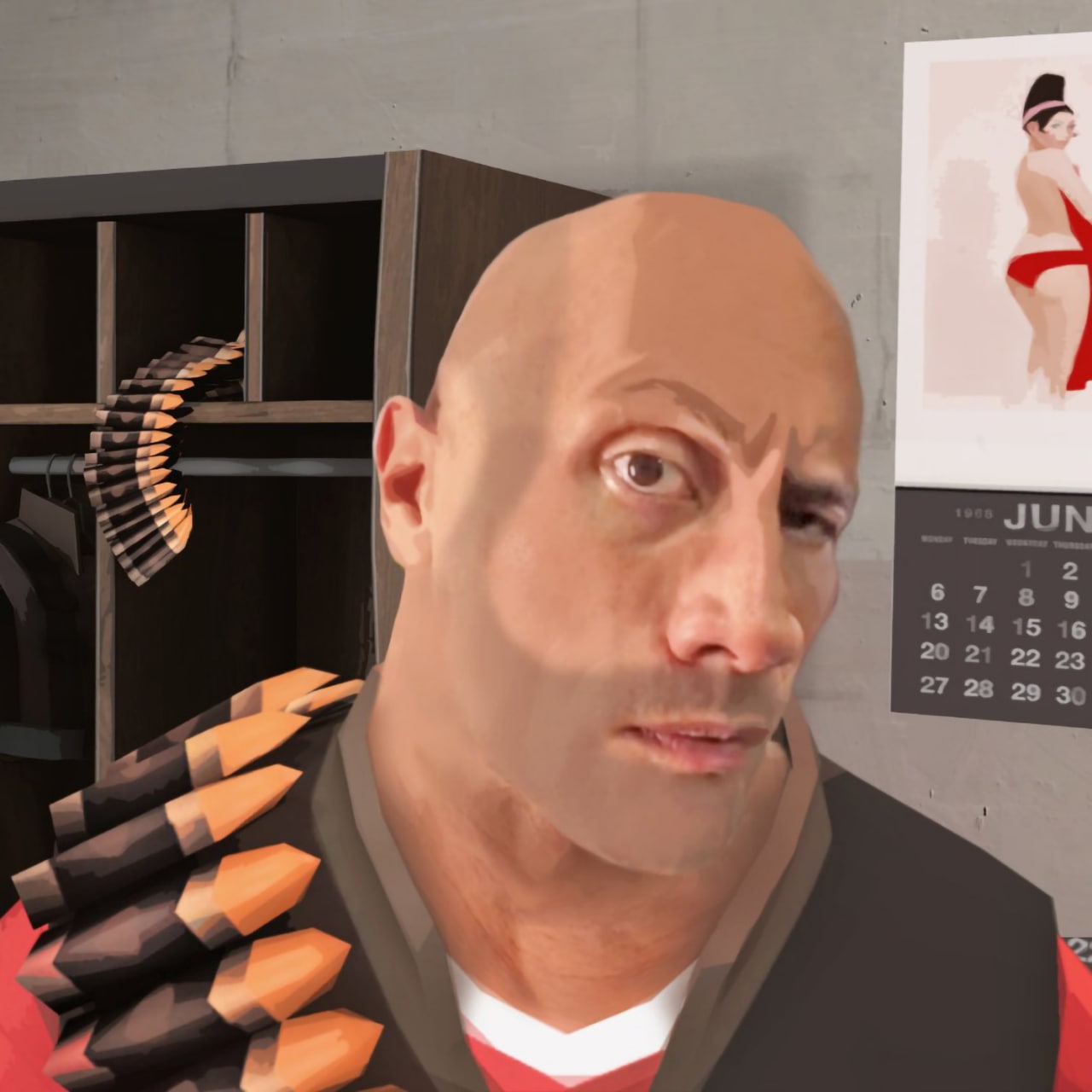 Дуэйн Скала Джонсон в образе Хэви из Team Fortress 2 Дуэйн Скала Джонсон в образе Хэви из Team Fortress 2 с патронташем и календарем на заднем плане.
