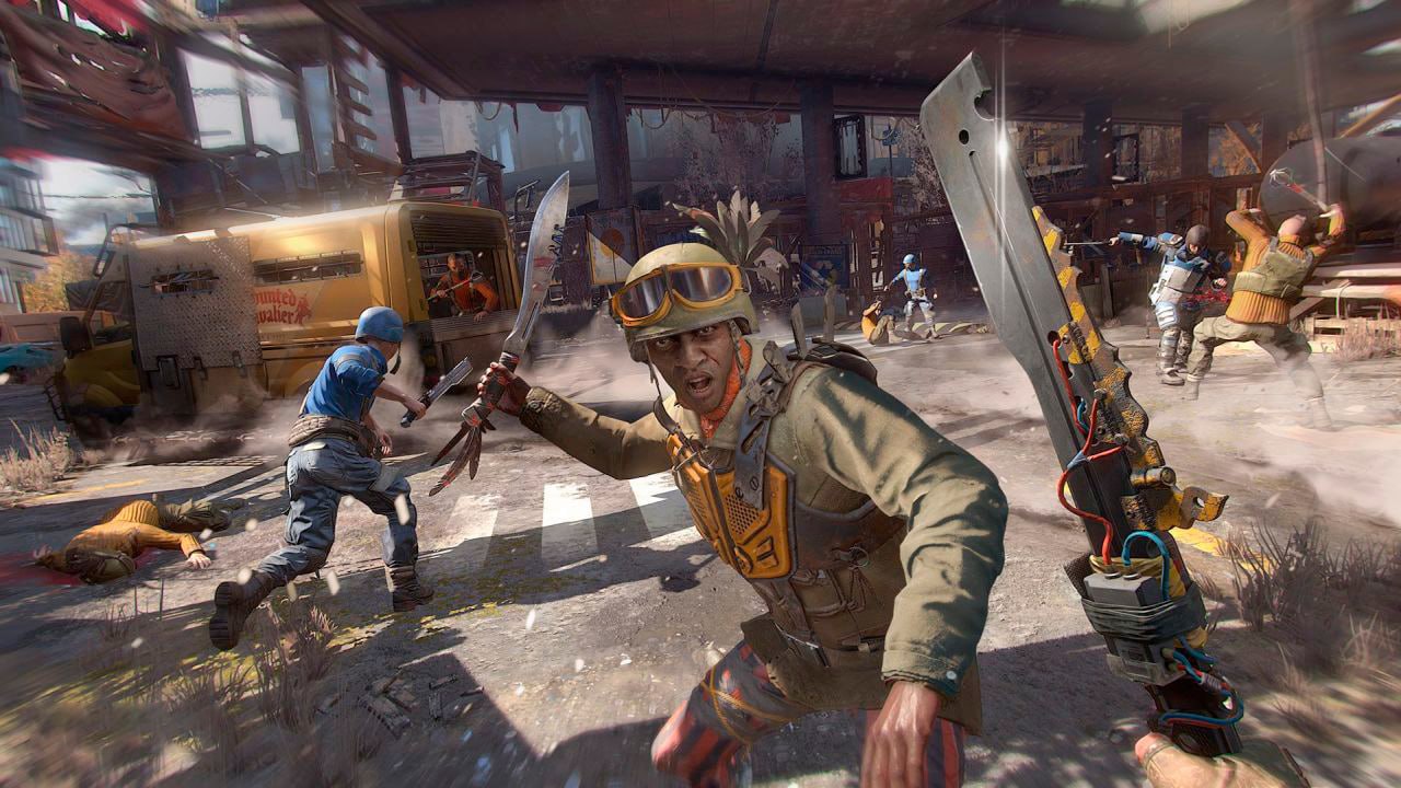 Скриншот Dying Light 2 с битвой людей Скриншот из игры Dying Light 2, на котором изображена ожесточенная битва между людьми с самодельным оружием на улице