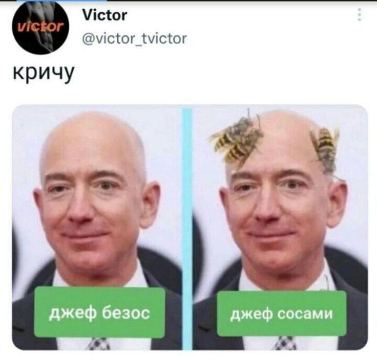 Джефф Безос и Джефф с осами Джефф Безос и Джефф с осами на голове, мем про каламбур со словами.