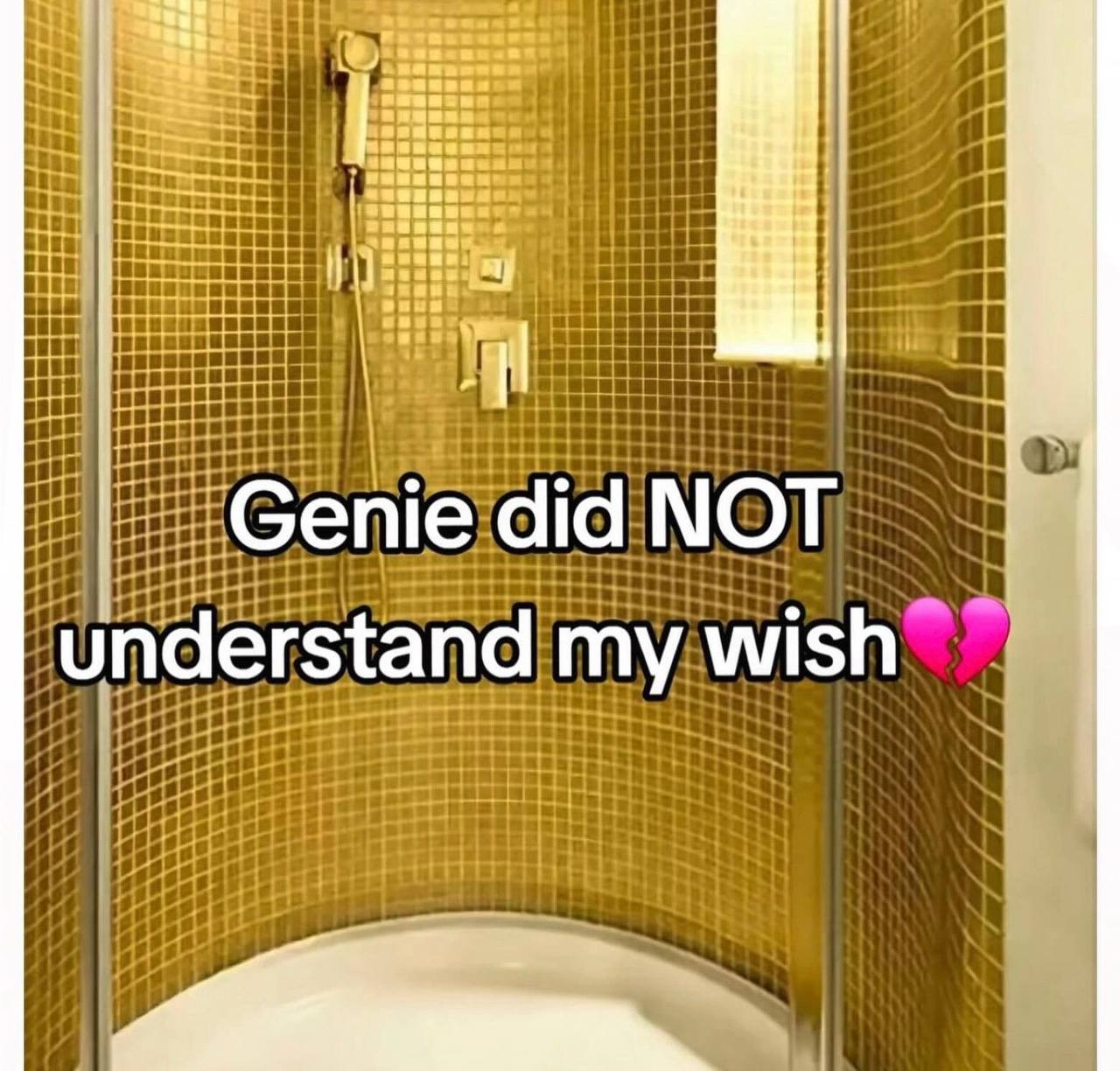 Душевая кабина с надписью «Genie did NOT understand my wish» и разбитым сердцем.