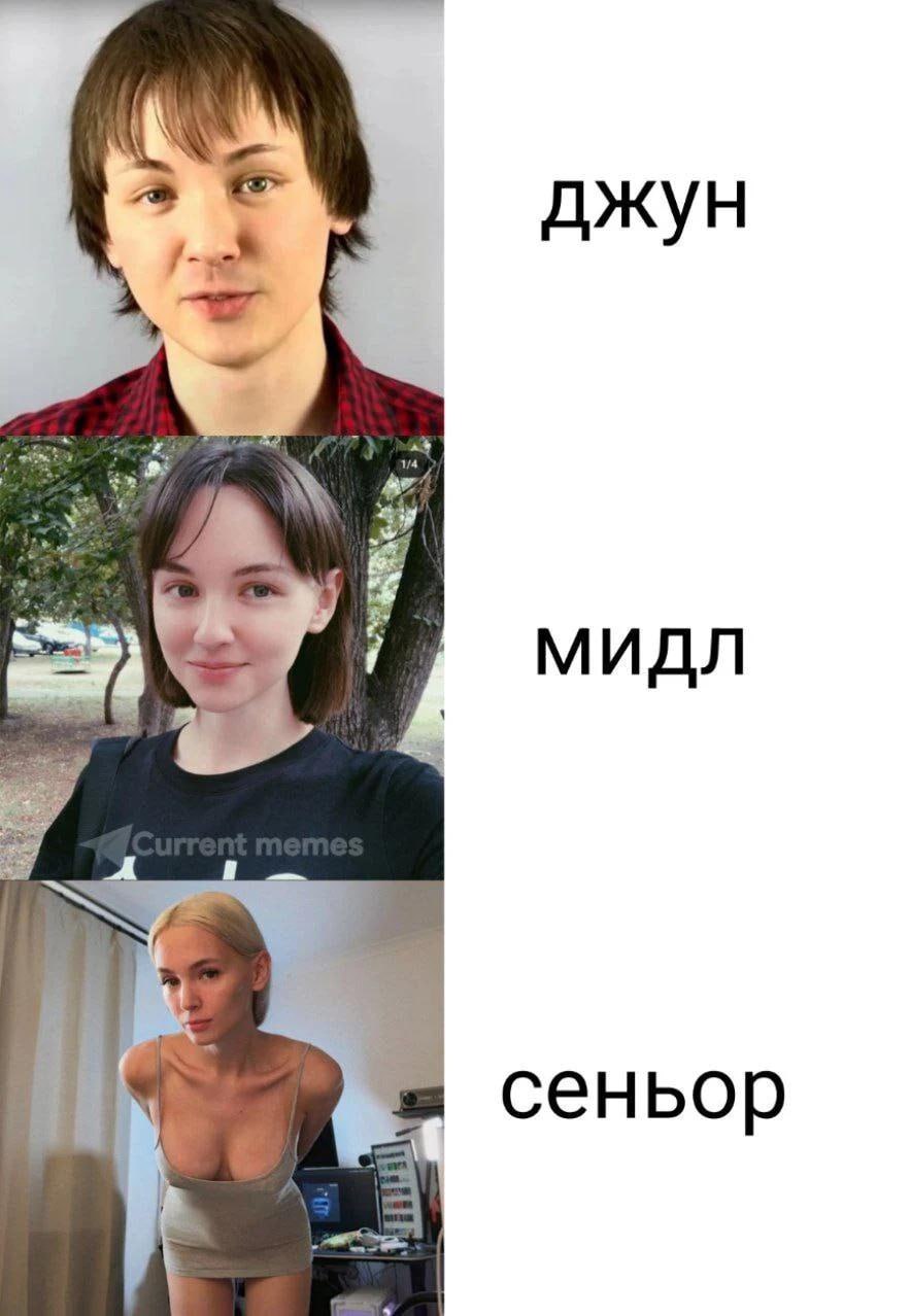 Джун мидл сеньор Мем про джуна, мидла и сеньора, где на каждой картинке изображен соответствующий типаж человека.