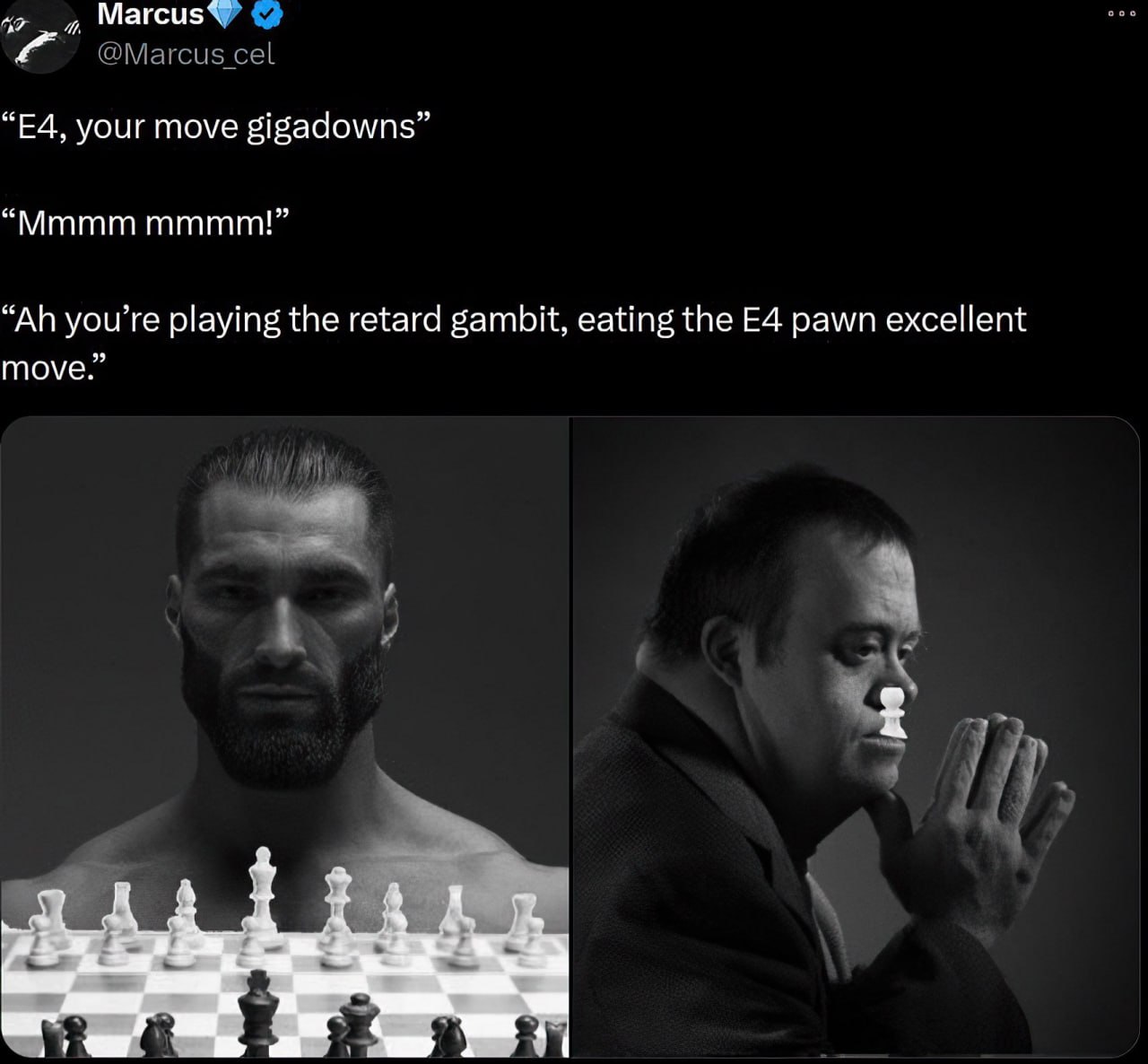 Е4, дебильный гамбит Шахматный мем, на котором изображены альфа-самец и мужчина с синдромом Дауна, играющие в шахматы. Вверху написан диалог: «Е4, твой ход, гигауниженный», «Мммм мммм!», «Ах, ты играешь в дебильный гамбит, съедая пешку Е4, отличный ход».