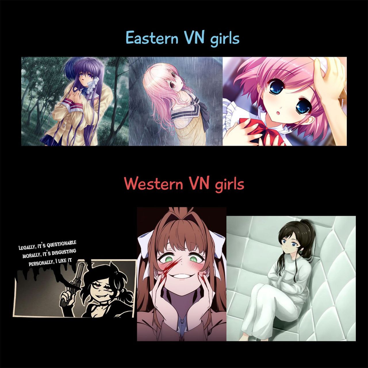 Eastern VN girls vs Western VN girls Мем сравнивает внешность и характер девушек из восточных и западных визуальных новелл.