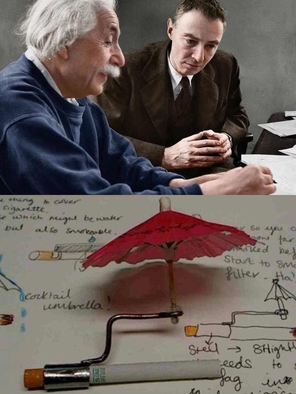 Эйнштейн и Оппенгеймер смотрят на чертеж сигареты с зонтиком