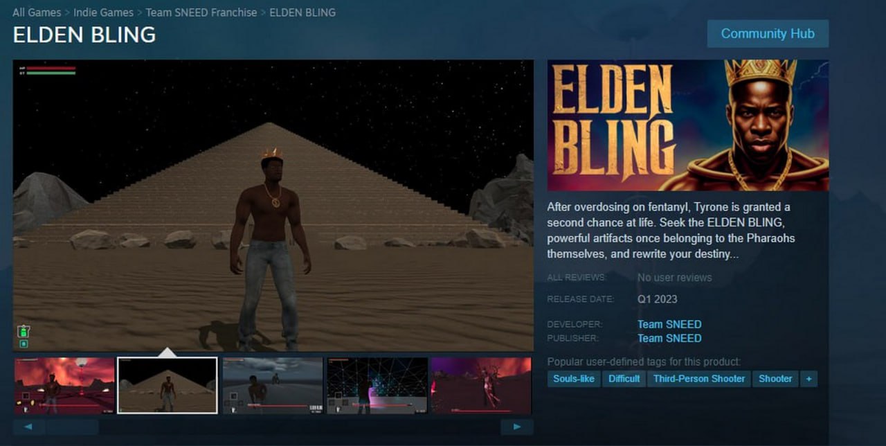Elden Bling Мем с игрой Elden Bling из Steam, где темнокожий мужчина в короне стоит на фоне египетской пирамиды, а описание игры рассказывает о его втором шансе на жизнь после передозировки фентанилом.