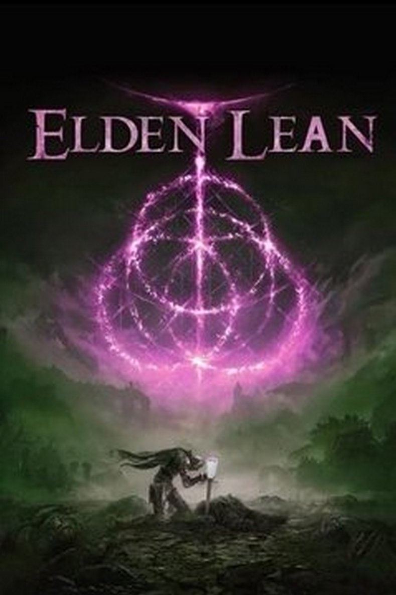 Elden Lean Мем с логотипом игры Elden Ring, измененным на Elden Lean, и персонажем, смотрящим на стакан с фиолетовой жидкостью.