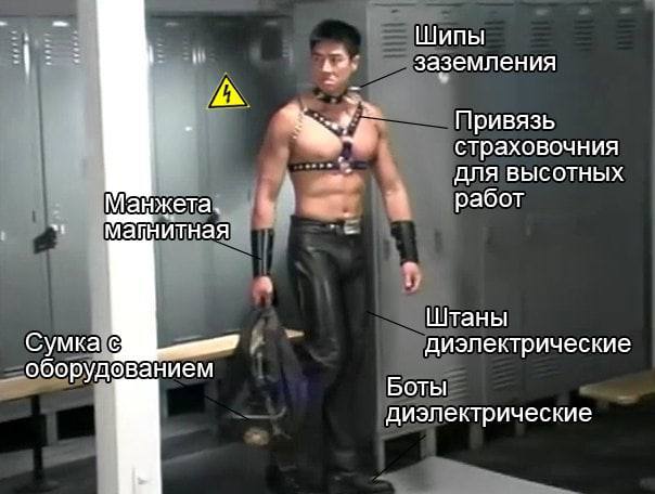 Электрик в необычном наряде Фотография мужчины, одетого как электрик в БДСМ стиле
