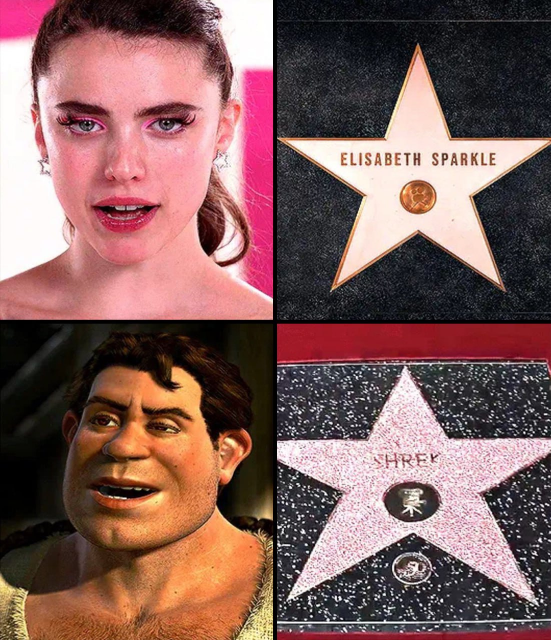 Elisabeth Sparkle и Шрек Мем, сравнивающий внешность девушки с именем Elisabeth Sparkle и Шрека, показывающий звезду Шрека на Аллее славы.