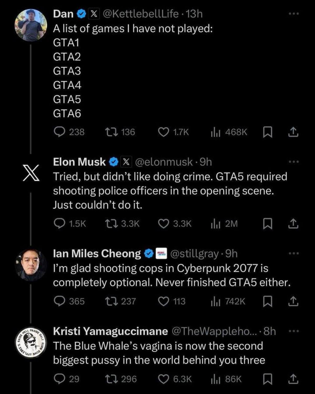 Илон Маск и геймеры обсуждают GTA Мем представляет собой скриншот из твиттера, на котором Илон Маск и другие пользователи обсуждают игры GTA и Cyberpunk, а также их отношение к насилию в играх.
