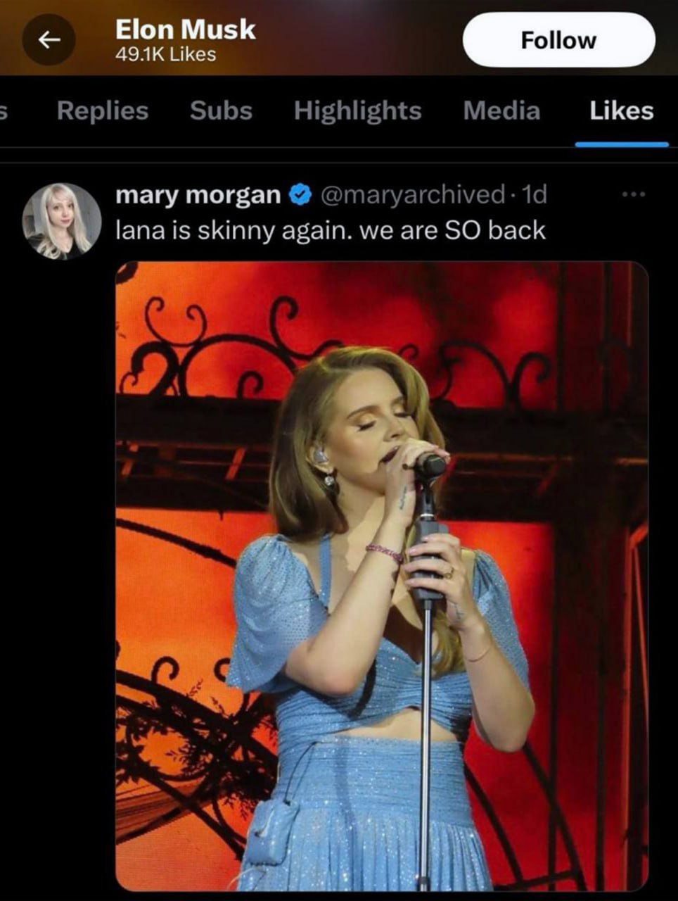 Илон Маск лайкнул пост Lana is skinny again Скриншот из Твиттера с лайком Илона Маска под постом о Лане Дель Рей "lana is skinny again. we are SO back"