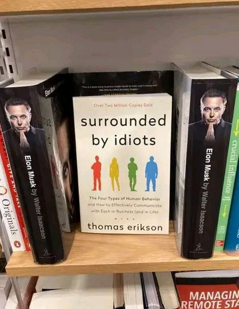 Книга Илона Маска surrounded by idiots На книжной полке между двумя книгами про Илона Маска стоит книга «Окруженный идиотами»
