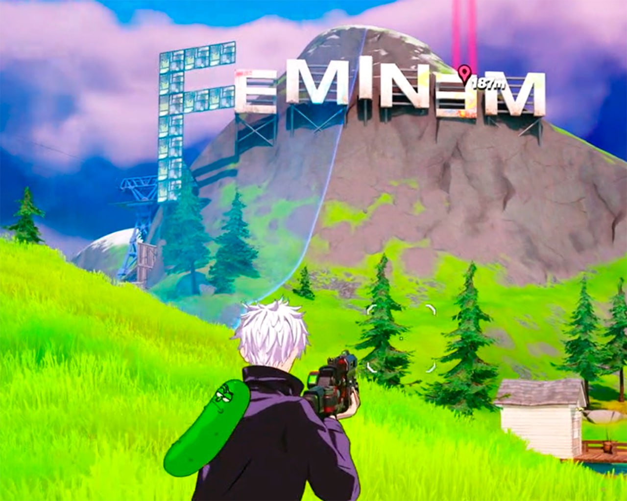 EMINEM Голливуд Fortnite Мем с персонажем аниме, Огурчиком Риком и надписью «Эминем» на горе в стиле Голливуда.