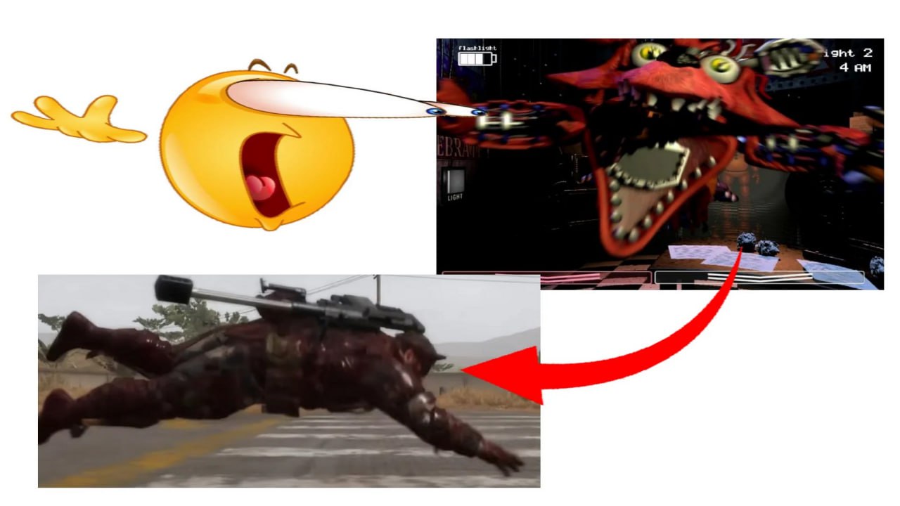 Смайлик с вытянутыми глазами и Фокси из FNAF Мем со смайликом, глаза которого вытянуты и смотрят на Фокси из игры Five Nights at Freddy's, от которого убегает персонаж из Metal Gear Solid.