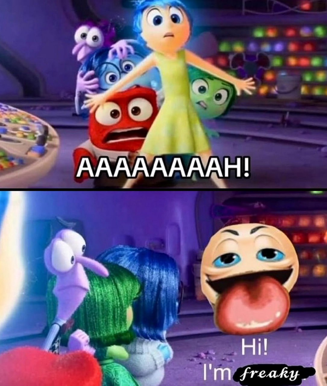 Эмоции кричат AAAAAAAH и фриковый эмодзи Мем с эмоциями из мультфильма Головоломка и фриковым эмодзи