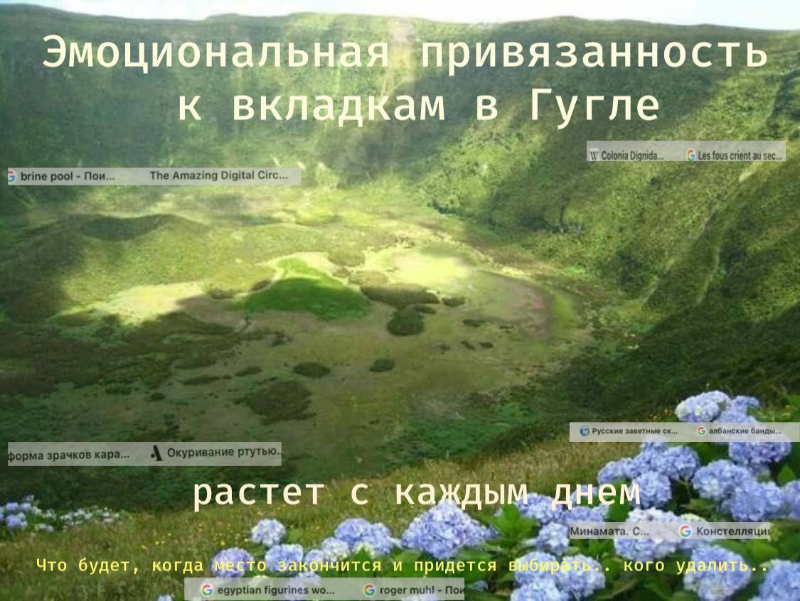 Эмоциональная привязанность к вкладкам в Гугле Привязанность к вкладкам в браузере, которые нельзя закрыть, даже если они больше не нужны, потому что каждая из них дорога как память.
