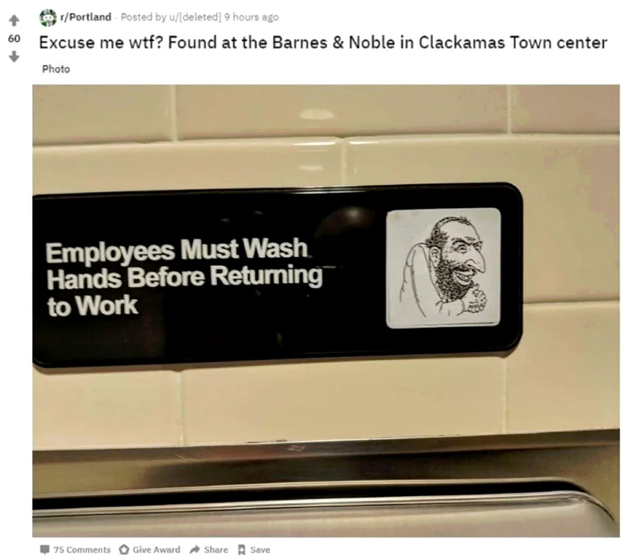 Employees Must Wash Hands Before Returning to Work с евреем Мем с табличкой «Сотрудники должны вымыть руки перед возвращением к работе» и карикатурным изображением еврея