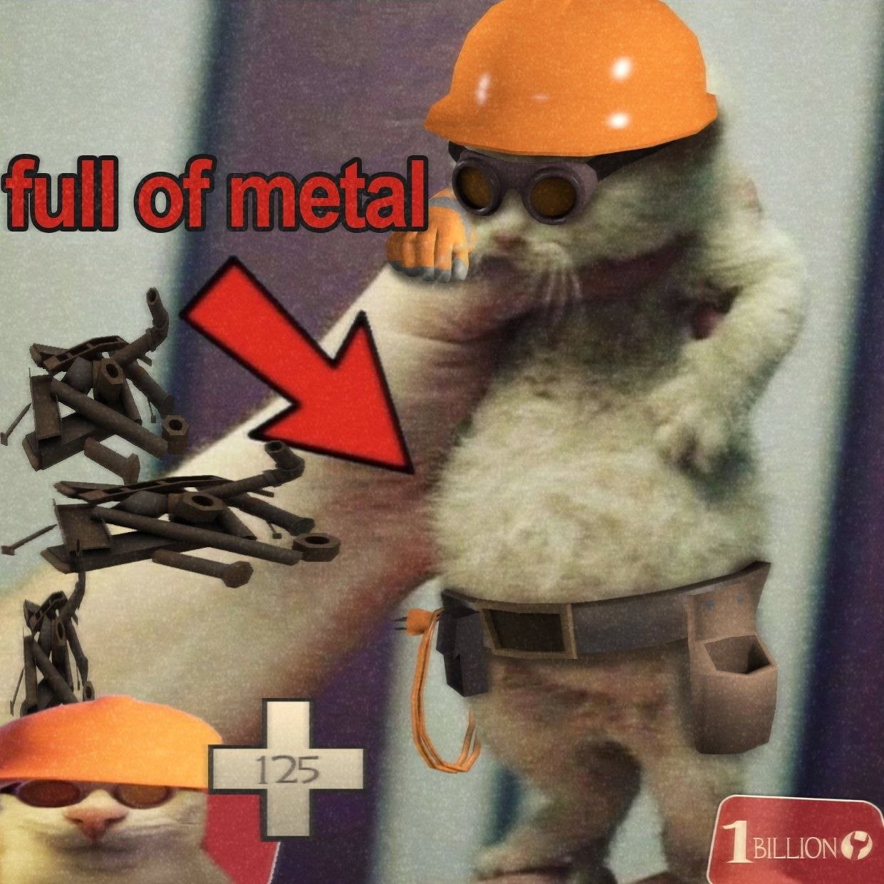 Кот инженер full of metal Мем с котом в каске инженера из Team Fortress 2 и надписью «full of metal», указывающей на ресурсы для постройки базы