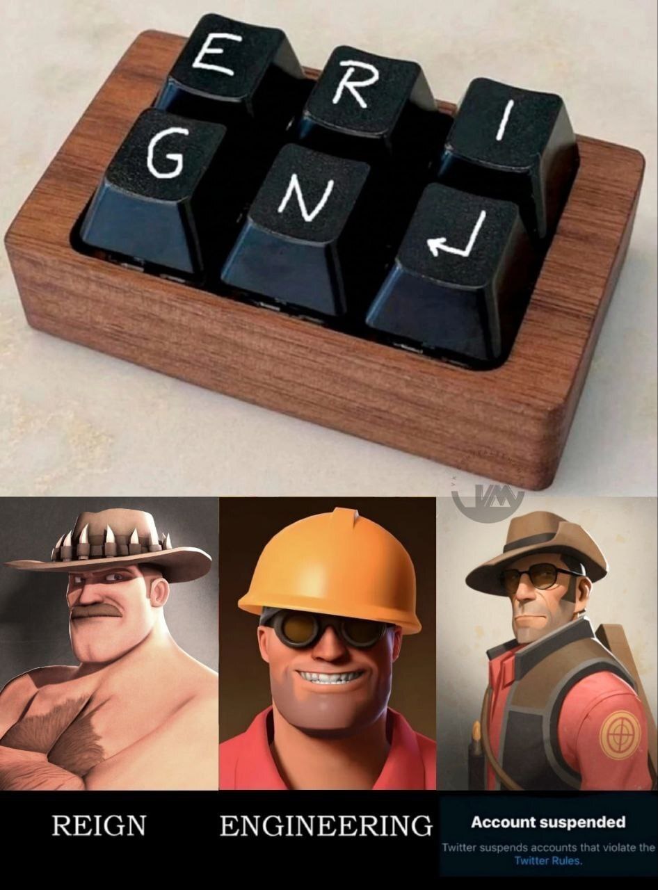 Engineer Reign Engineering Account Suspended Мем с клавишами "E-N-G-I-N-E-E-R", лицами персонажей из Team Fortress 2: Подрывника (Engineer) с надписью "Reign", Инженера (Engineer) с надписью "Engineering" и Снайпера (Sniper) с надписью "Account Suspended".