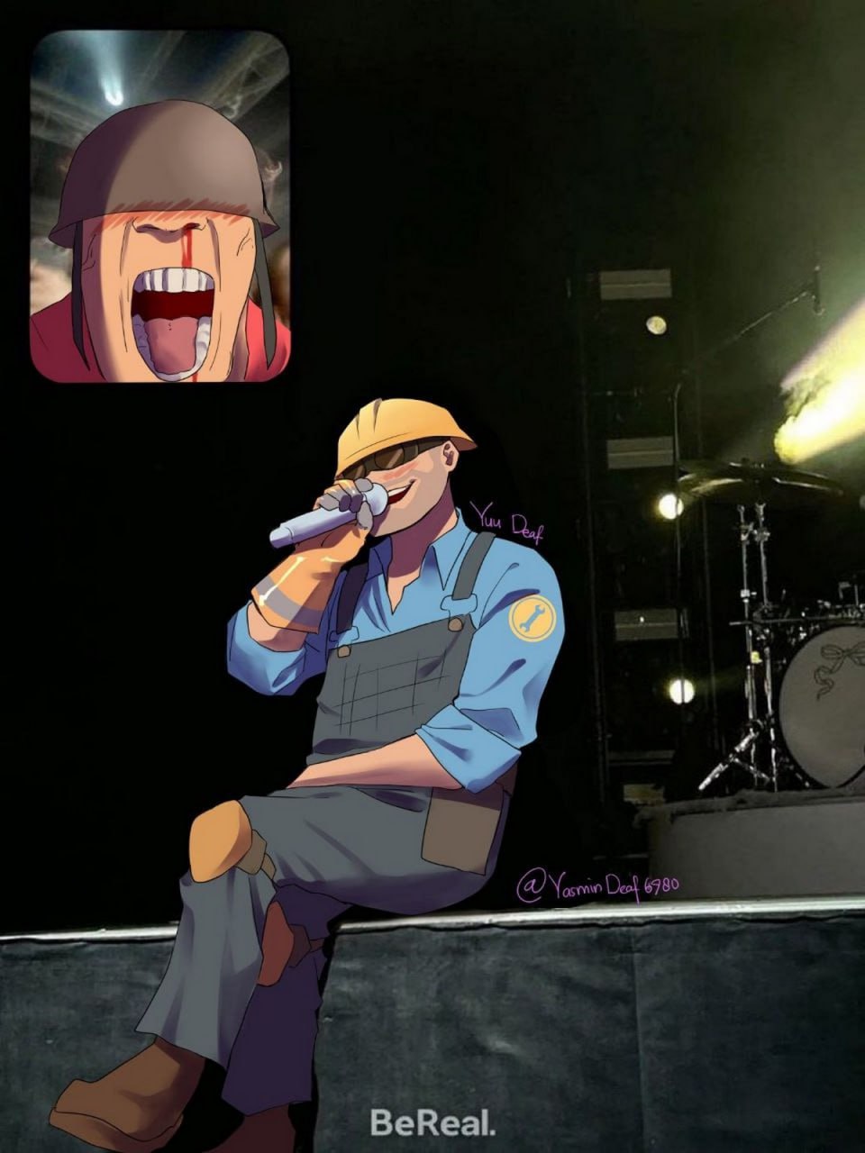 Инженер поет BeReal Инженер из Team Fortress 2 поет на сцене, а Солдат кричит с кровотечением из носа