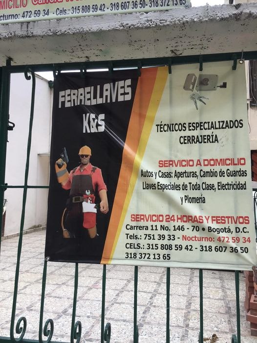 Инженер TF2 на рекламе слесаря Фотография рекламного баннера колумбийского слесаря «Ferrellaves K&S» с изображением инженера из игры Team Fortress 2.