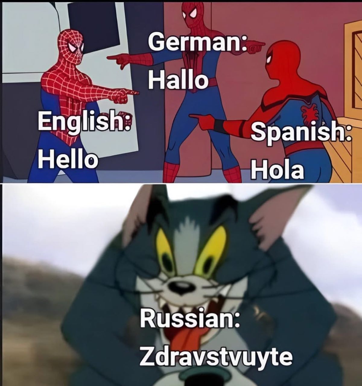 English, German, Spanish: Hello, Hallo, Hola. Russian: Zdravstvuyte Английский, немецкий, испанский: "Hello", "Hallo", "Hola". Русский: "Здравствуйте".