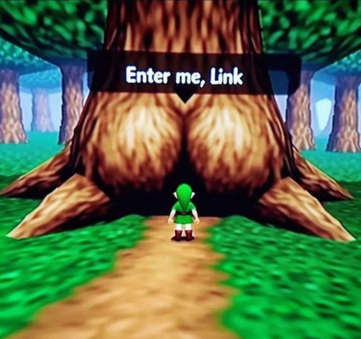 Enter me, Link Линк перед деревом-попой с надписью "Enter me, Link"