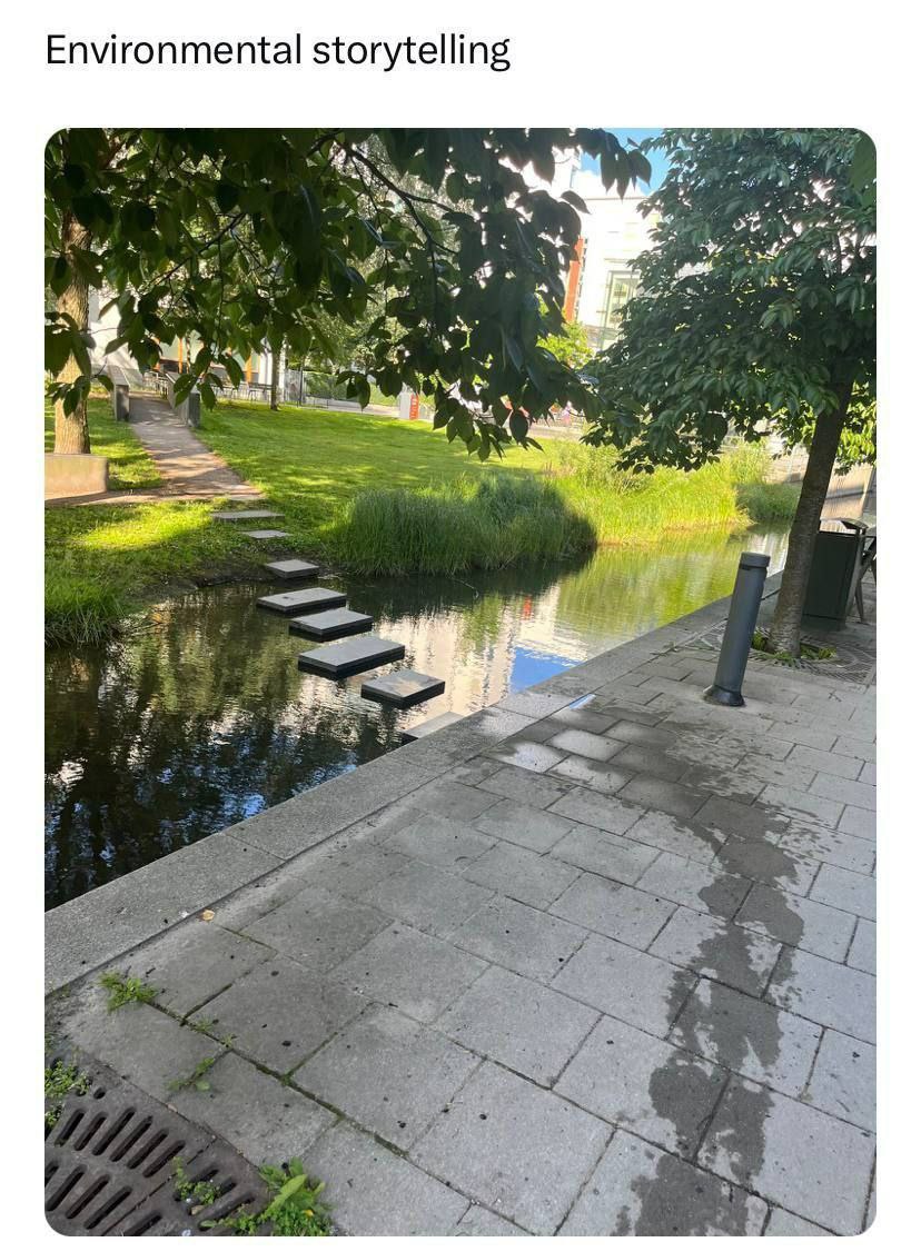 Environmental storytelling Мем с надписью Environmental storytelling и тропинкой через воду с плитами