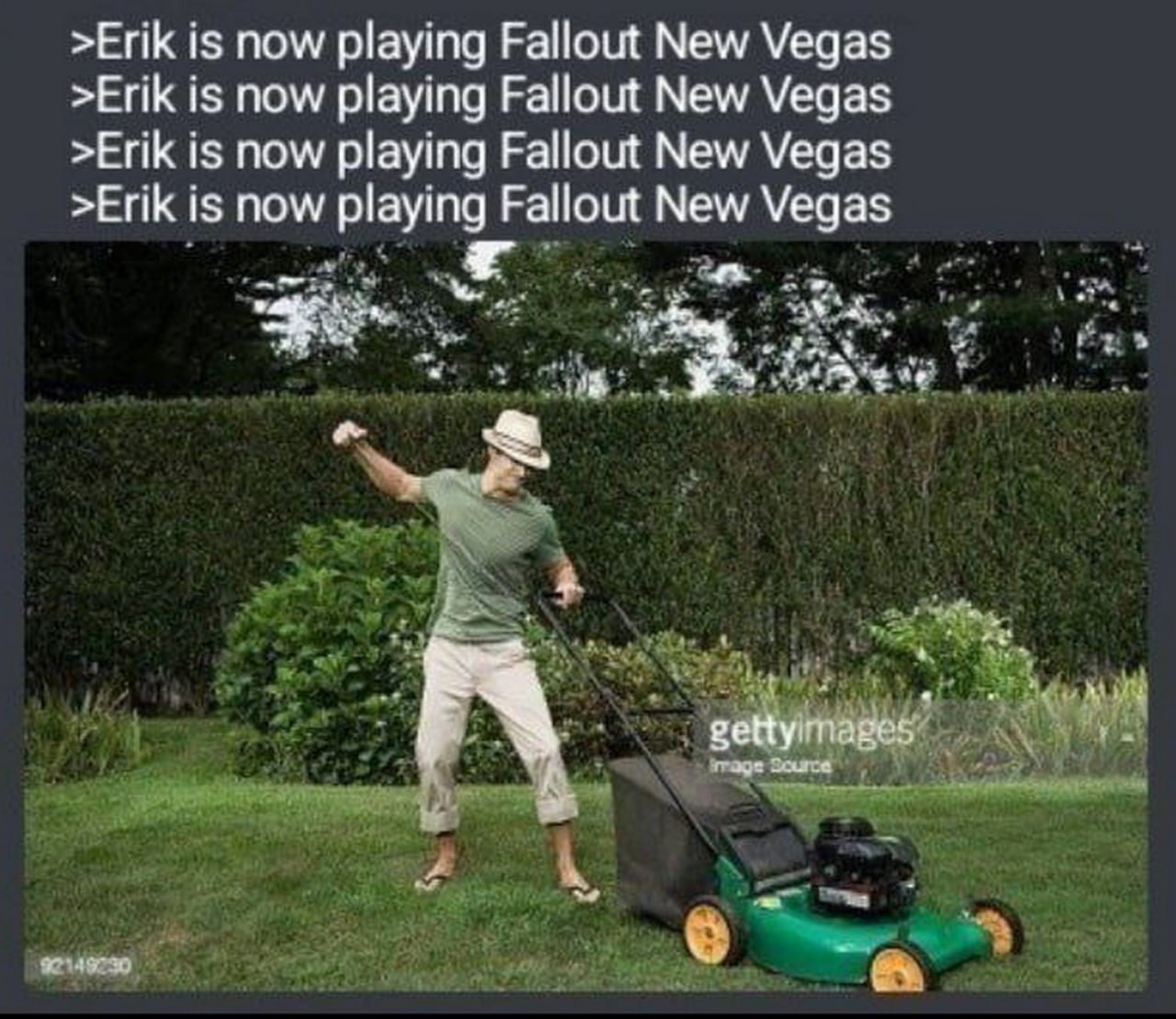 Erik is now playing Fallout New Vegas Мужчина в соломенной шляпе, светлых бриджах и зеленой футболке косит траву газонокосилкой, сбоку надпись "Erik is now playing Fallout New Vegas".
