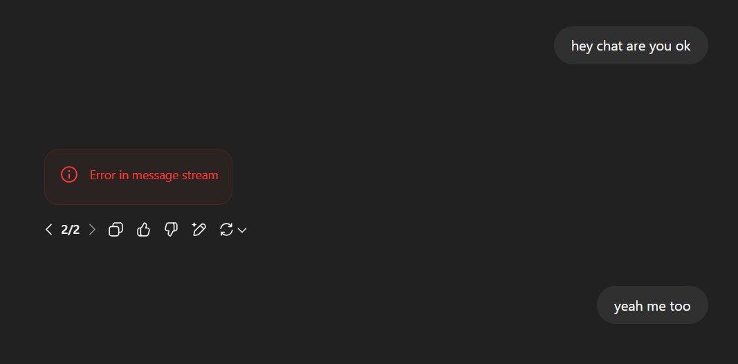 Error in message stream Мем с сообщением об ошибке "Error in message stream" и ответом "yeah me too" в чате