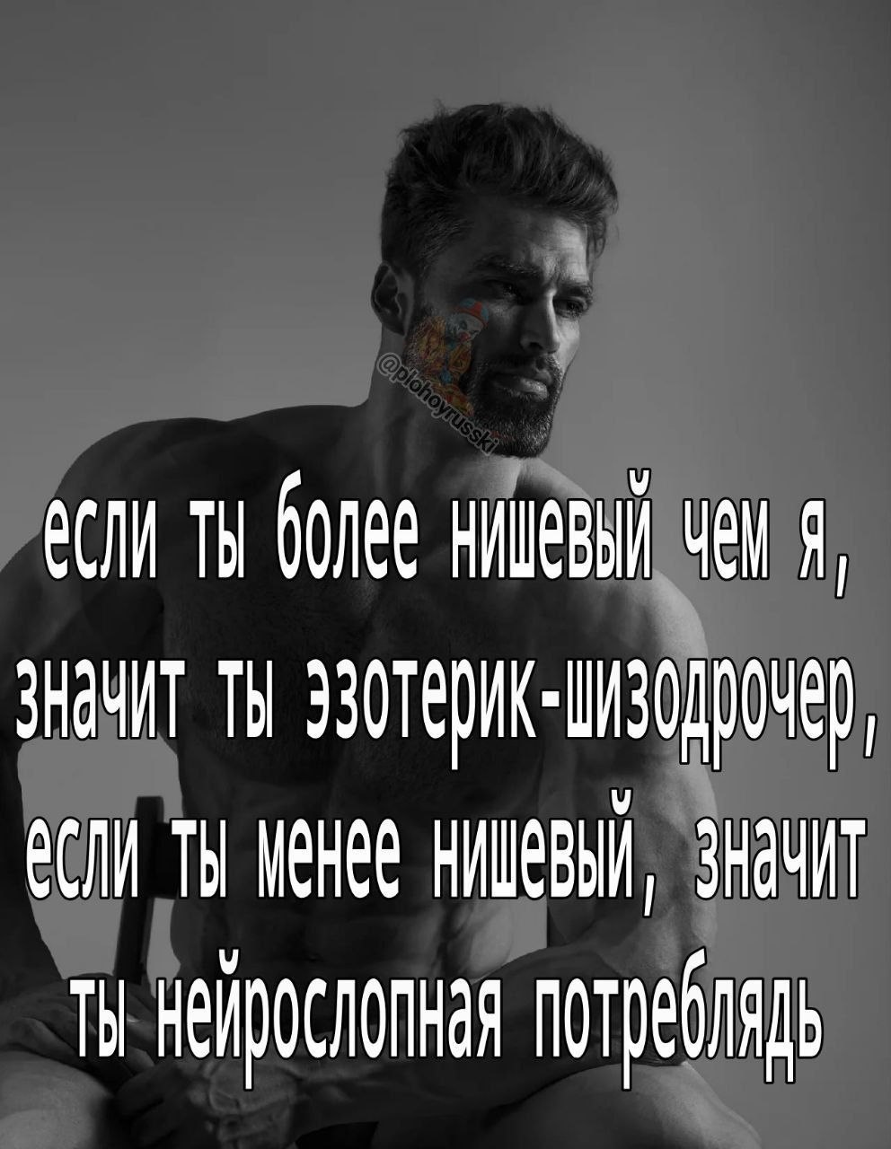Чёрно-белый мем с бородатым мужчиной и текстом «если ты более нищевый чем я, значит ты эзотерик-шизодрочер»