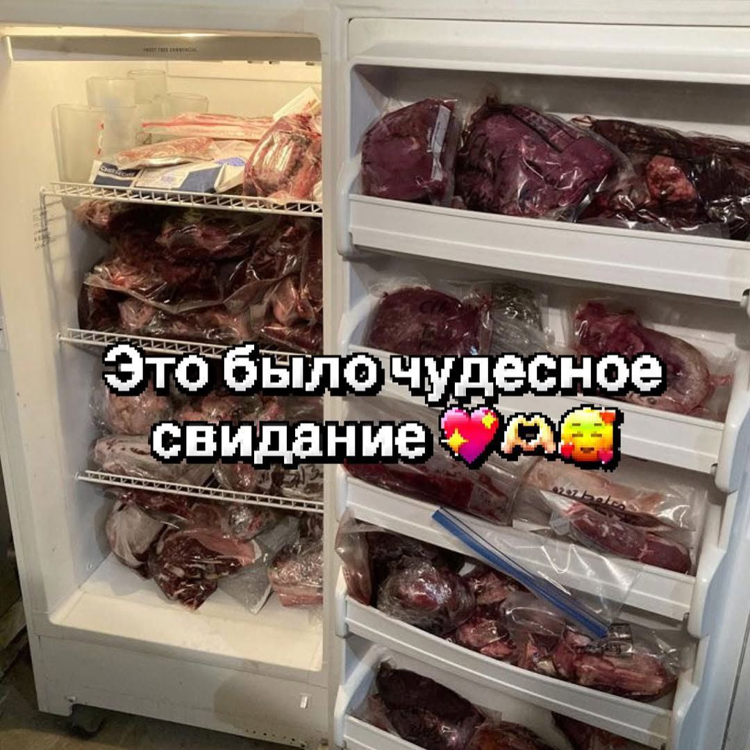 Это было чудесное свидание Мем, где холодильник полон сырого мяса в пакетах, и на изображении есть надпись «Это было чудесное свидание»