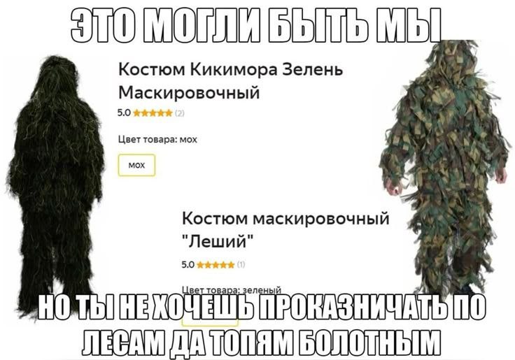 Сравнение двух маскировочных костюмов — кикимора и леший, с подписью «Это могли быть мы, но ты не хочешь проказничать по лесам да топям болотным»