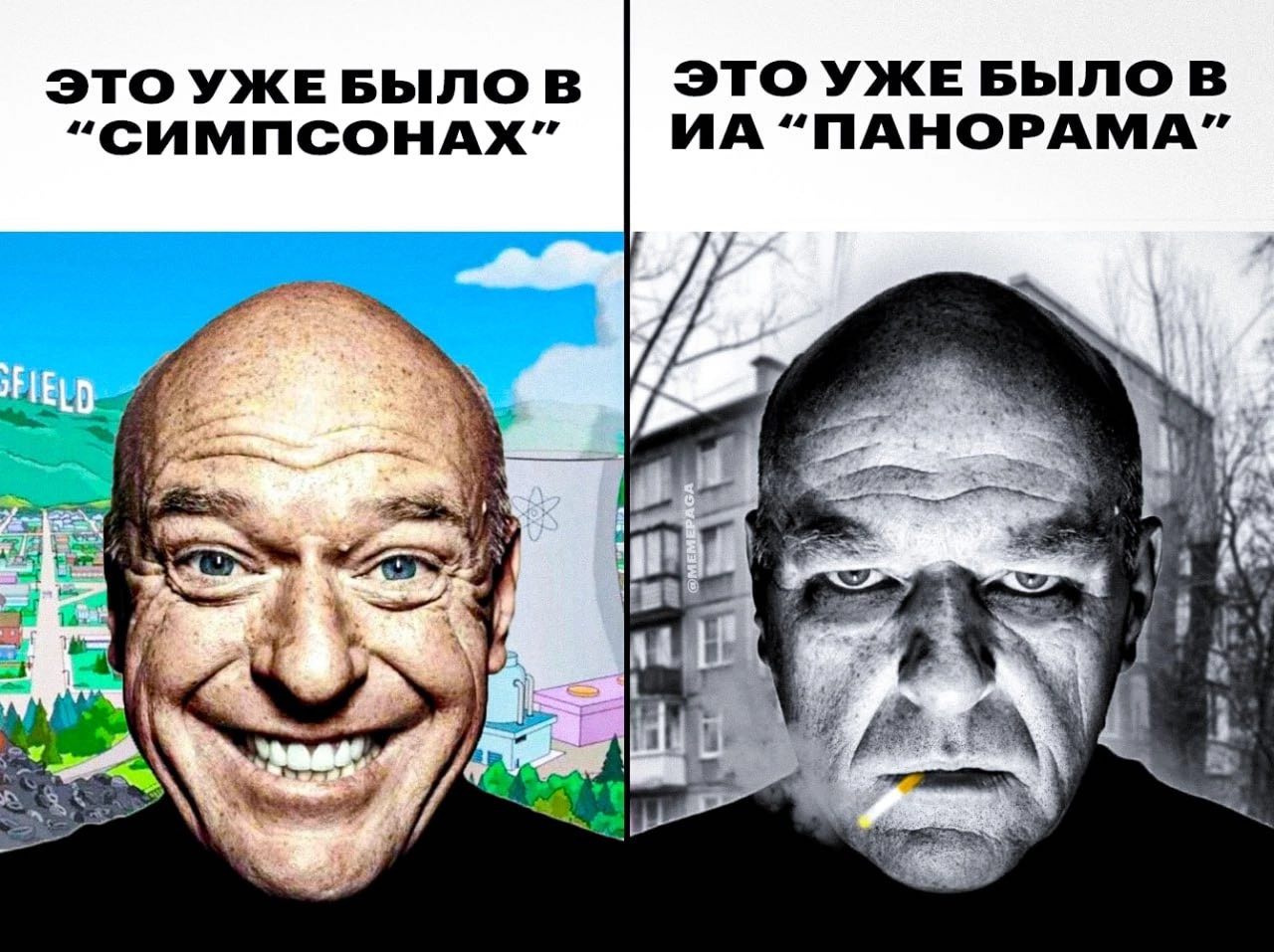 Это уже было в Симпсонах Мем: две картинки с лицом актёра Дина Норриса и надписями «Это уже было в Симпсонах» и «Это уже было в ИА Панорама»