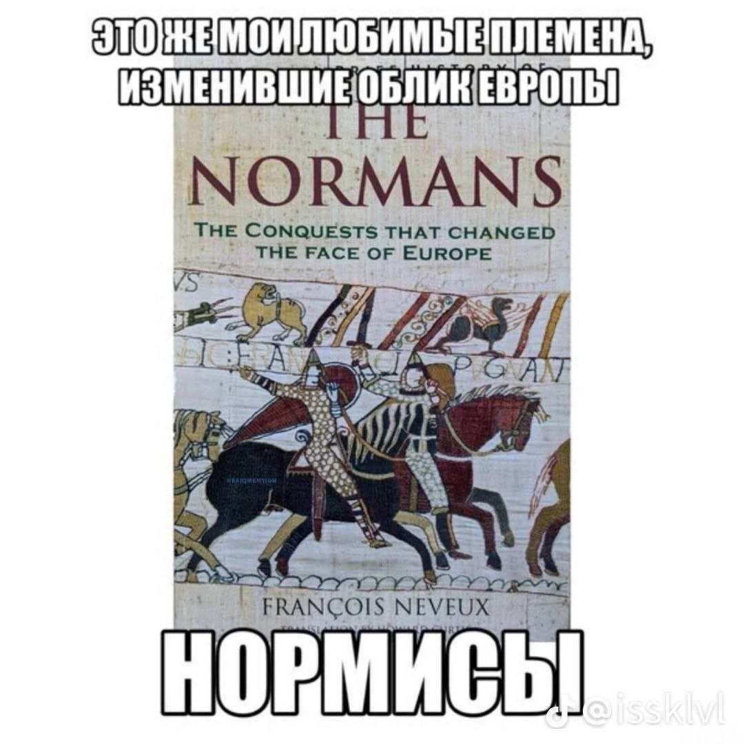 Это же мои любимые племена, изменившие облик Европы. НОРМИСЫ! Мем с обложкой книги «The Normans: The Conquests That Changed The Face of Europe» и подписью «Это же мои любимые племена, изменившие облик Европы. НОРМИСЫ!»