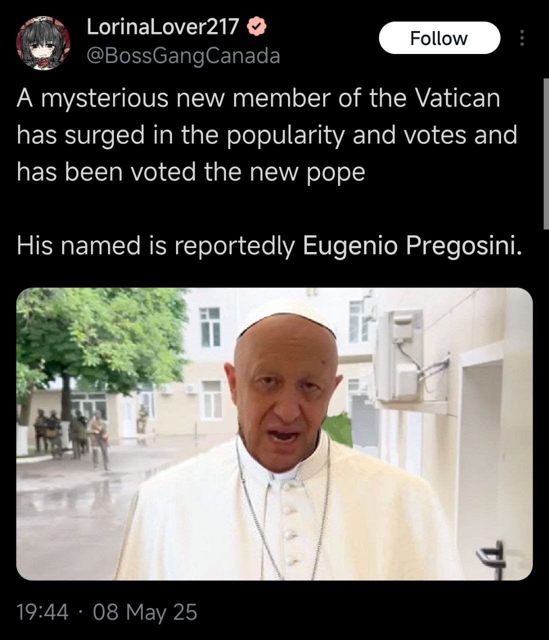 Скриншот твита о том, что таинственный новый член Ватикана Eugenio Pregosini якобы стал новым папой, с фото мужчины в белом папском облачении.