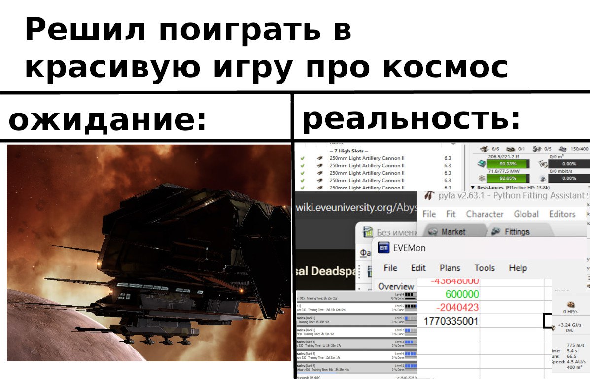 Eve Online ожидание реальность Мем про ожидания от красивой космической игры Eve Online и реальность ее сложного интерфейса с расчетами.