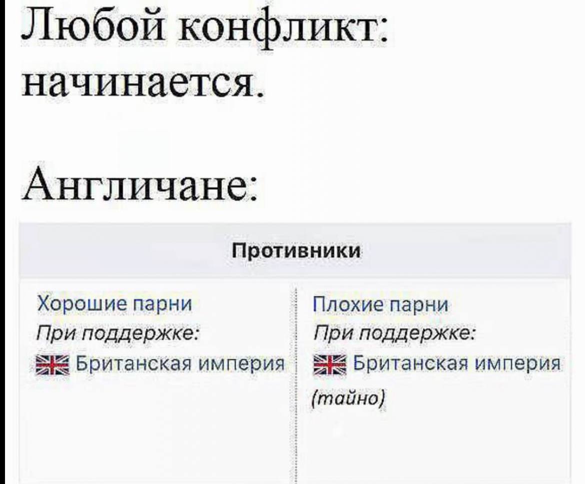Любой конфликт начинается с англичан Мем о роли англичан в любом конфликте: они поддерживают обе стороны, явно или тайно