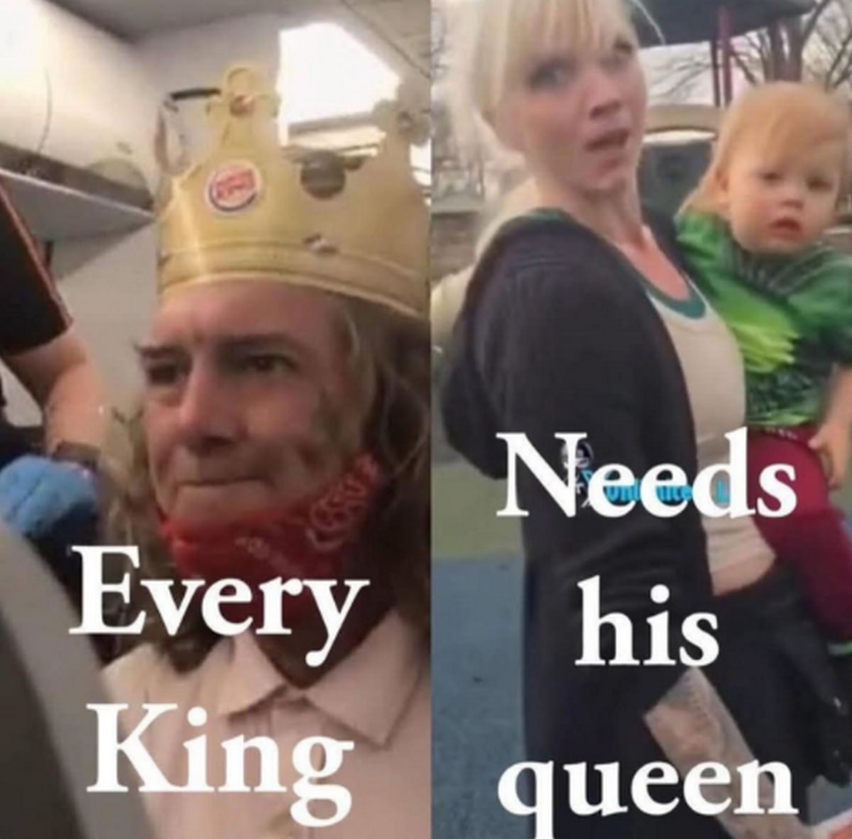 Every king needs his queen Мем с Королем Бургер Кинга и женщиной с ребенком, надпись на котором гласит: "Every king needs his queen"