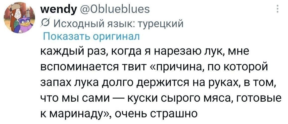 Пост о том, как при нарезке лука вспоминается жуткая теория о запахе сырого мяса и маринаде.