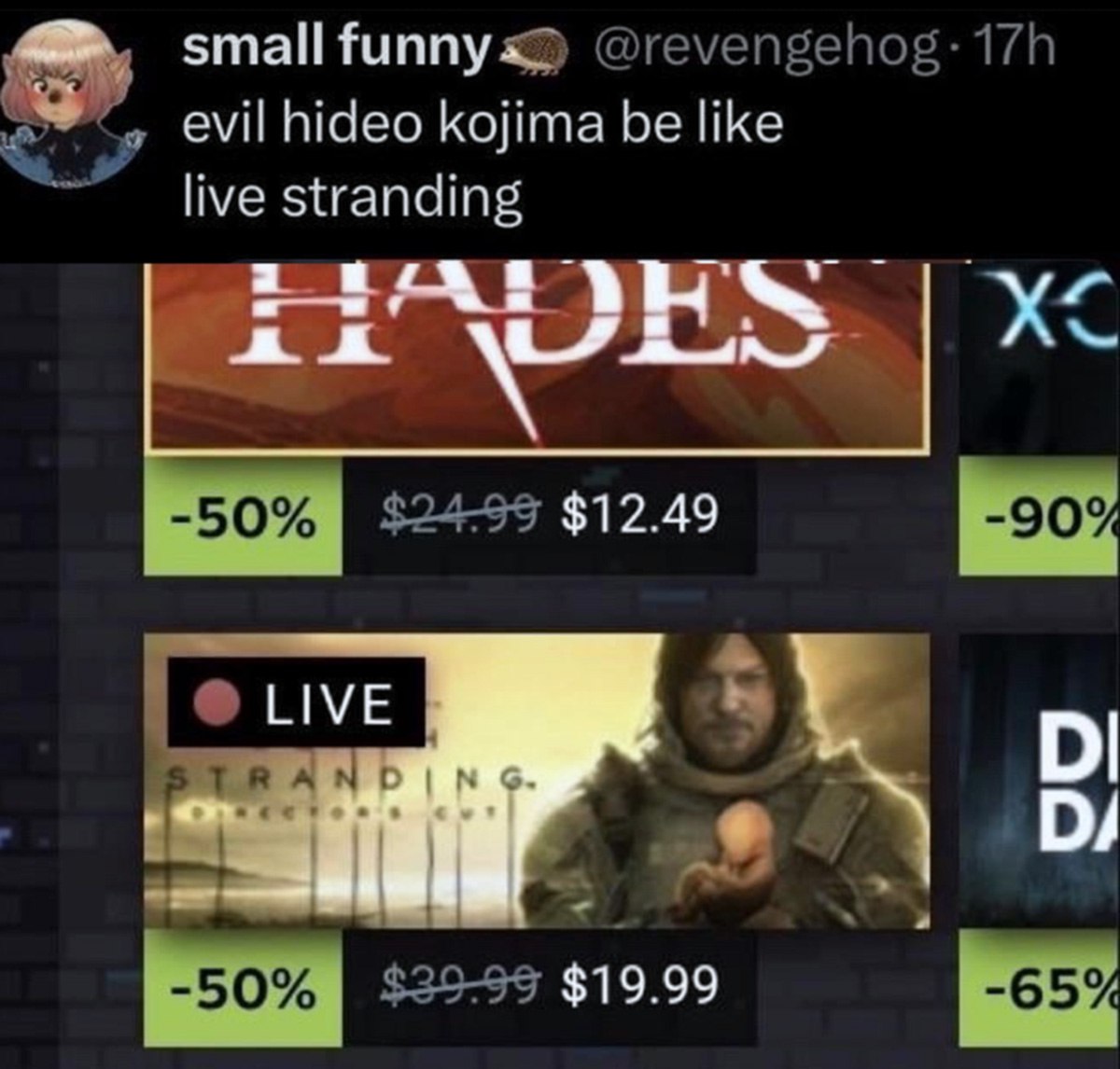 Evil hideo kojima be like live stranding Мем про злого Хидео Кодзиму и Live Stranding вместо Death Stranding