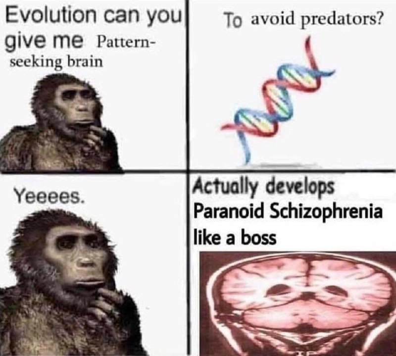 Evolution can you give me Pattern-seeking brain Мем про эволюцию и параноидальную шизофрению
