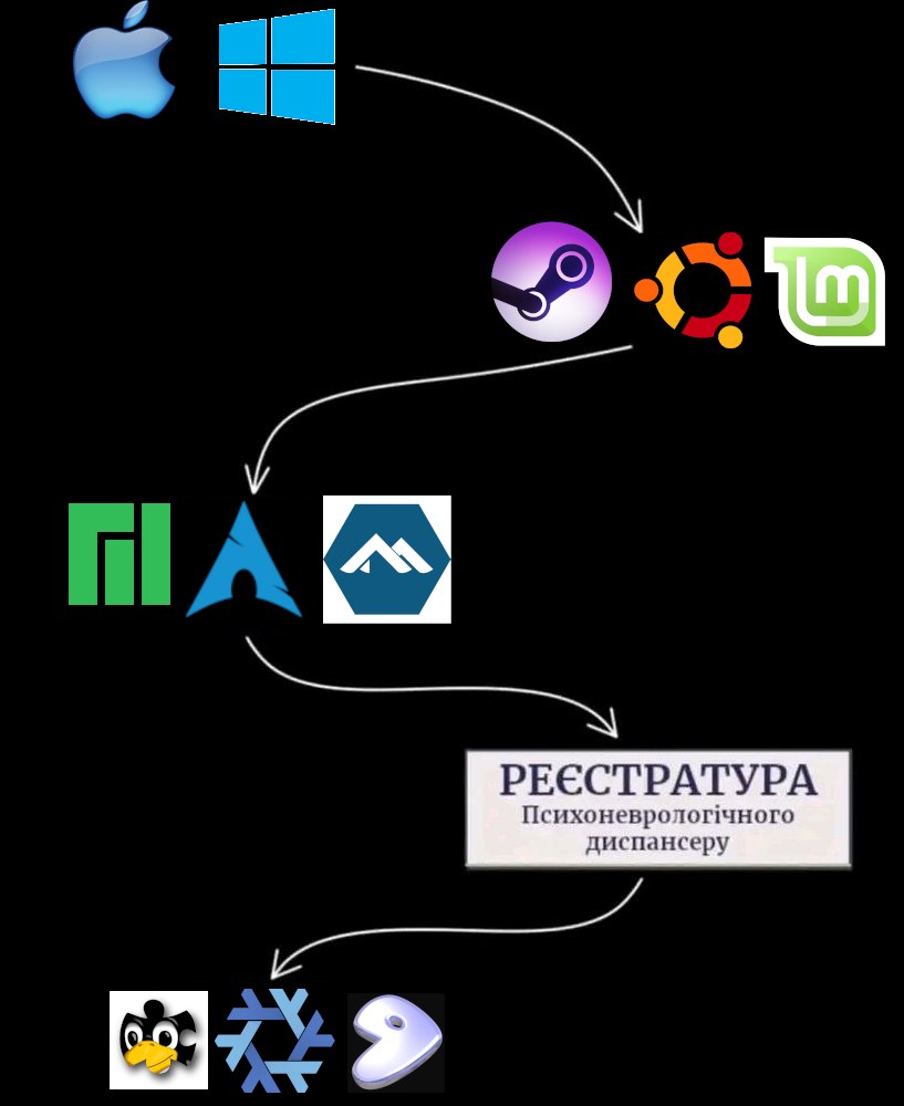 Мем, демонстрирующий юмористическую эволюцию пользователя от обычных ОС к сложным и нишевым, заканчивающуюся регистратурой психдиспансера.