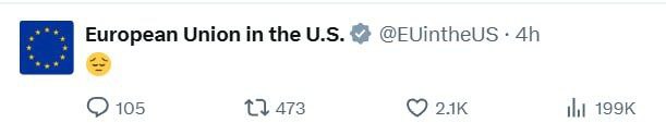 Европейский союз в США твитнул грустный смайлик Скриншот твита от аккаунта Европейского Союза в США, содержащего только грустный смайлик и ставший мемом