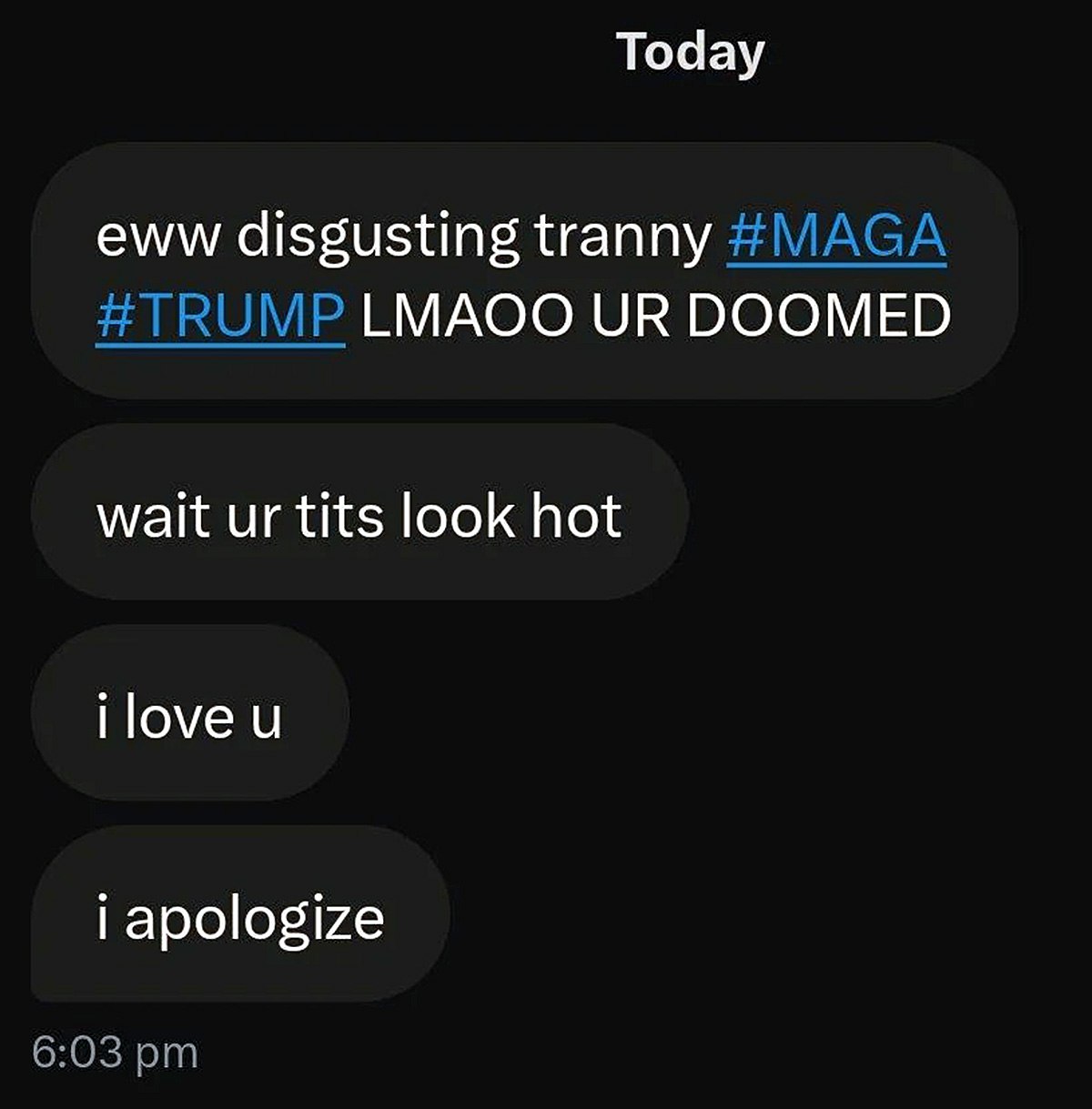 Eww disgusting tranny wait your tits look hot Скриншот из мессенджера с сообщениями eww disgusting tranny и wait ur tits look hot