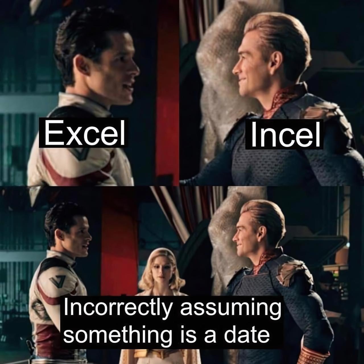 Excel Incel Мем, сравнивающий Excel, который ошибочно принимает что-то за дату, с инцелом, который ошибочно принимает что-то за свидание, с персонажами из "Пацанов": A-Train, Homelander и Starlight.
