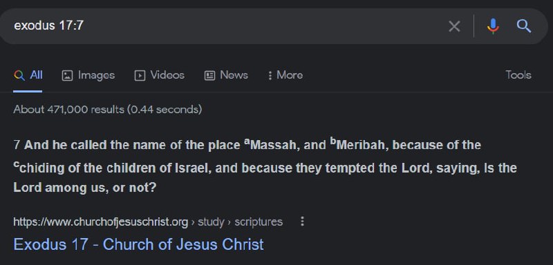 Exodus 17:7 Скриншот поисковой выдачи Google по запросу «exodus 17:7» с отрывком из Библии.