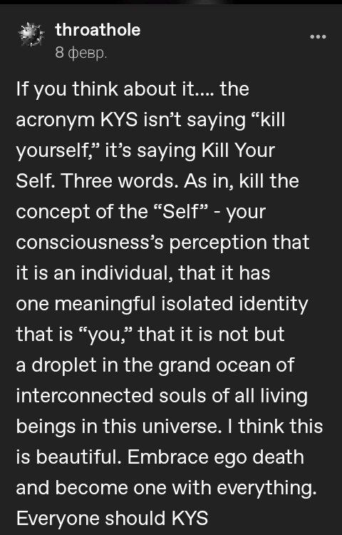 Объяснение KYS в значении Kill Your Self Объяснение аббревиатуры KYS как Kill Your Self, а не Kill Yourself, в значении смерти эго и единения со вселенной. Пост Tumblr пользователя throatole.