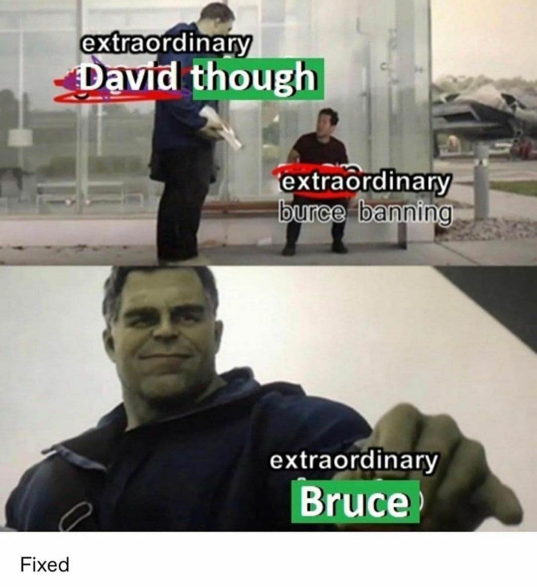 Extraordinary Bruce Мем с двумя мужчинами, где один из них держит текст «extraordinary David though», а второй — «extraordinary burce banning», и крупным планом Халк с подписью «extraordinary Bruce».